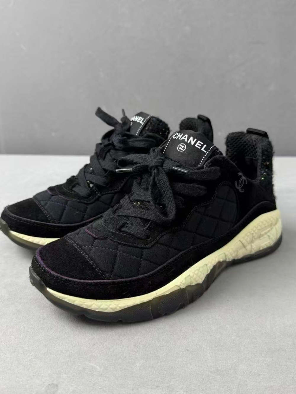 🚩steal CHANEL Black Quilted Suede Lace-Up Sneakers with Cream Sole